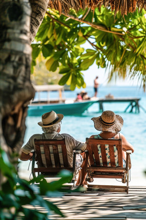 Seniors on summer vacation on the sea.Old elderly people sit in wooden shezlong and watch the sea. Back side view. Exotic plants.の素材
