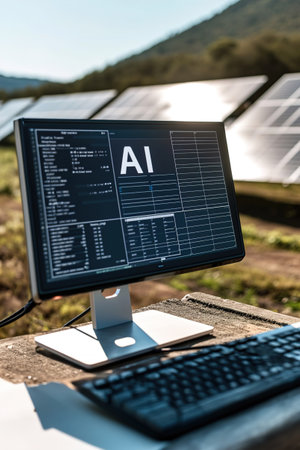 Text AI displayed on computer control panel screen, many solar panels in the background.の素材