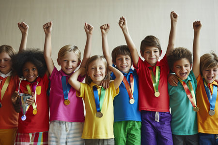 A group of small students holding a cup and medals. They are jumping up and down with victory.の素材