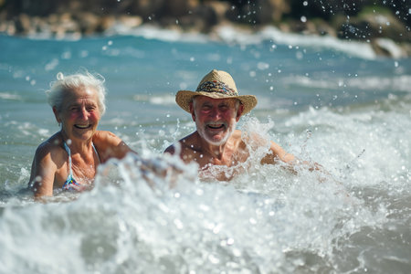 Old elderly people walk in the water and having fun between waves on the beach.の素材