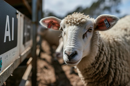 A high-tech sheep farm managed by artificial intelligence. Control Dashboard with phrase AI and sheep.の素材