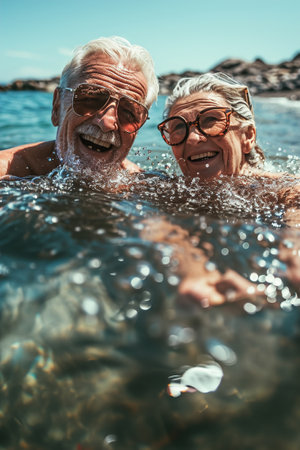 Old elderly people walk in the water and having fun between waves on the beach.の素材