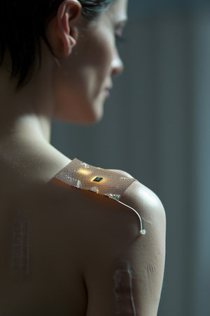 Woman with futuristic nanotech chip implant on shoulder in hospital. Human-technology synergy symbolizing healthcare innovation.の素材