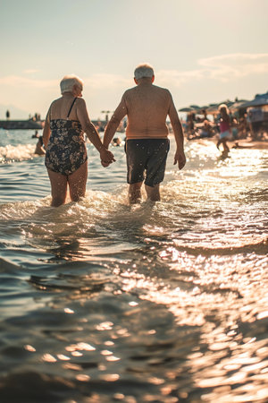Elderly people holding hands and having fun between waves on the beach.の素材