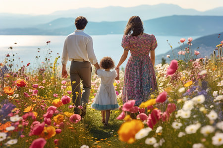 A young family is walking through a forest meadow with flowers in the mountains in spring. Back view.の素材