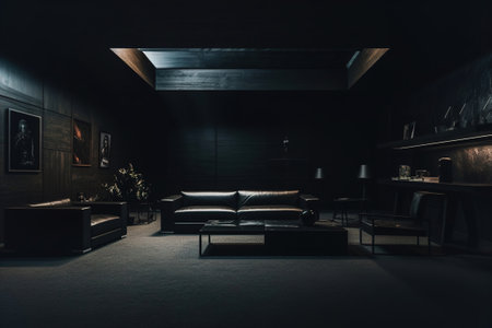 A dark room with black furniture and dim light.の素材