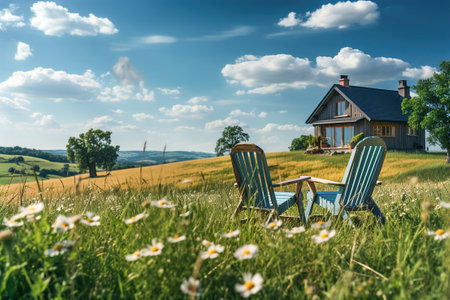 Two chairs in a field with flowers on foreground and  a house in the background.の素材