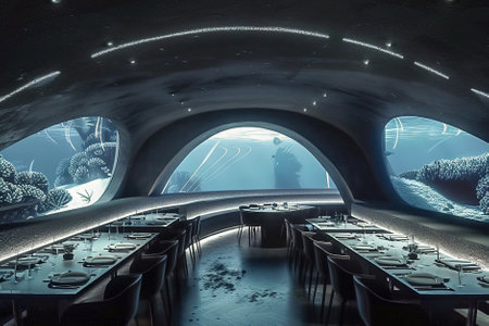 High-end underwater restaurant with panoramic views of coral reefs.の素材