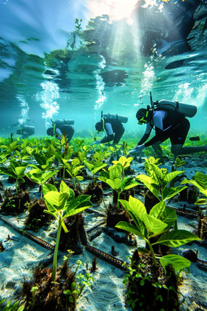 A team of marine biologists plants and maintains underwater gardens, fostering biodiversity and conservation.の素材