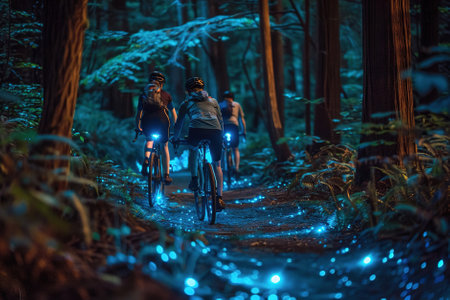 A midnight bike ride through a forest as cyclists navigate winding trails illuminated by bioluminescent flora.の素材