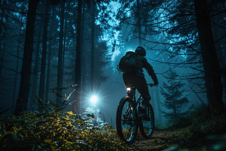 Adventure with a midnight bike ride through a forest, where cyclists explore nature's nocturnal beauty under a starlit sky.の素材