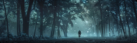Adventure with a midnight bike ride through a forest, where cyclists explore nature's nocturnal beauty under a starlit sky.の素材
