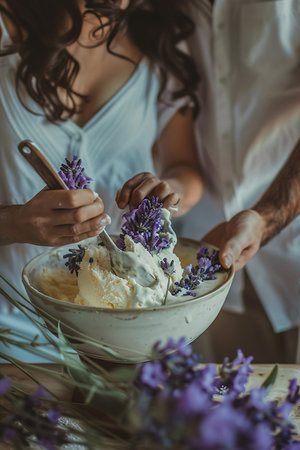 A couple hand-churns artisanal lavender-infused ice cream, scent of blossoms in the air, sweet memories created in the summer.の素材