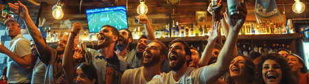 A group of friends cheer enthusiastically, eyes fixed on the TV screen, as they watch a football match at a lively bar.の素材
