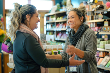 A satisfied customer expressing gratitude to a helpful salesperson in a retail store, showcasing exceptional customer service and personalized attention.の素材
