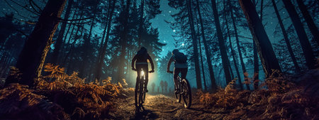 Adventure with a midnight bike ride through a forest, where cyclists explore nature's nocturnal beauty under a starlit sky.の素材