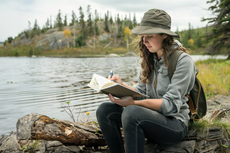 A young woman sits under a willow tree, create verses in a weathered notebook beside a calm, reflective lake.の素材