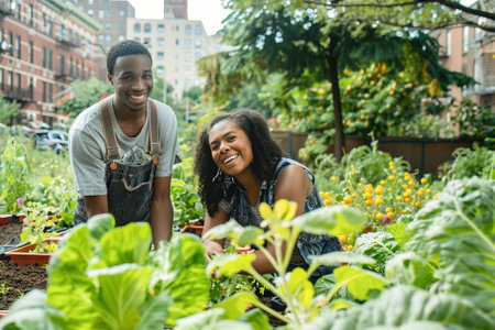 A young people smiles as they harvest fresh vegetables from a community garden plot in the heart of a vibrant city park.の素材