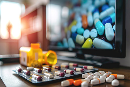 A pile of different pills in the foreground, a TV ad for drugs on the screen in the background.の素材