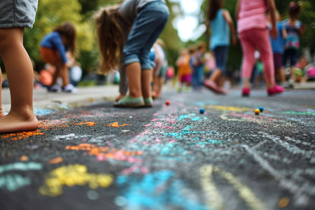 Children draw with chalk on the asphalt.の素材