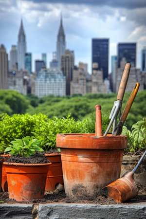 Gardening tools and plant in pots against a city backdrop.の素材