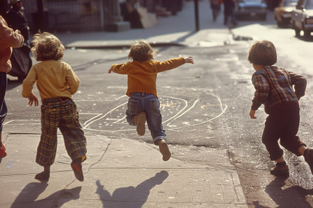 Children playing in the street in the 1960s and 1970s. Chalk drawn games on the road. Neighborhood games.の素材