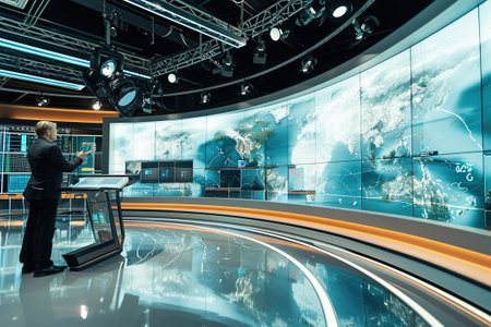 TV studio with large monitors, backdrops and interior from a TV studio.の素材