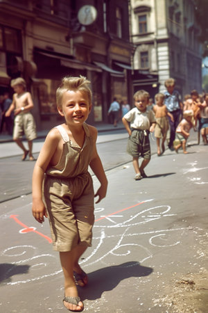 Children playing in the street in the 1920s and 1930s at the turn of the century. Chalk drawn games on the road. Neighborhood games.の素材