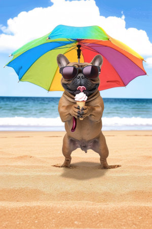 A comical moment of a funny looking dog wearing sunglasses eating ice cream under beach umbrella.の素材