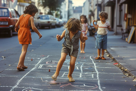 Children playing in the street in the 1960s and 1970s. Chalk drawn games on the road. Neighborhood games.の素材