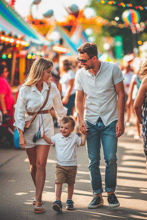 A family with children are walking in an amusement park.の素材