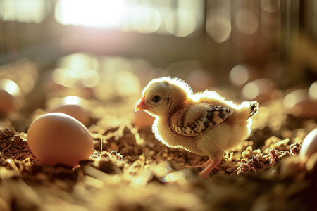 Newly hatched baby chicks in a farm.の素材