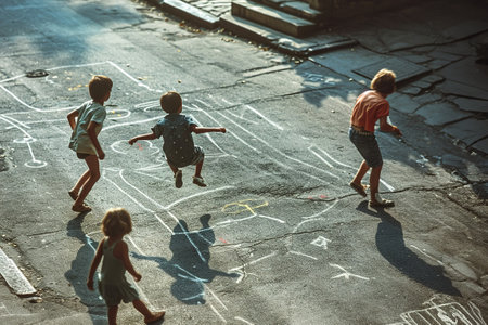 Children playing in the street in the 1960s and 1970s. Chalk drawn games on the road. Neighborhood games.の素材