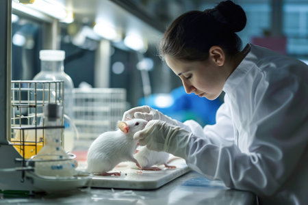 A scientist conducts medical experiments on white mice. Laboratory experiments with animals.の素材