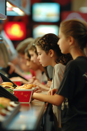 Children buy burgers at a fast food restaurant.の素材
