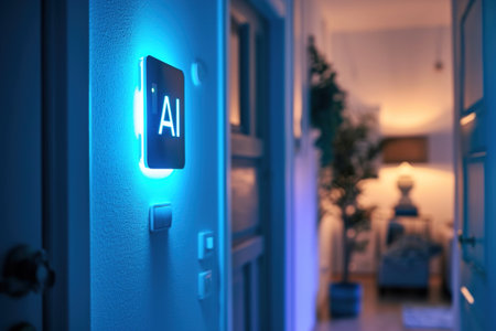 An AI-controlled electrical panel in the hallway of a house. Glowing text AI.の素材