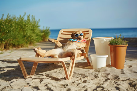 A comical moment of a funny looking dog wearing sunglasses lying on a sun lounger on the beach.の素材