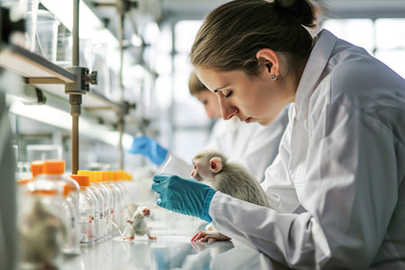 A scientist conducts medical experiments on monkeys. Laboratory experiments with animals.の素材
