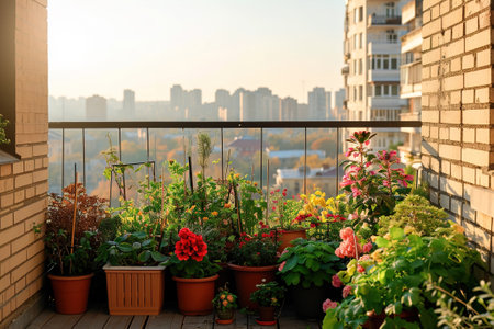 A balcony garden with potted plants, big cityscape on background.の素材