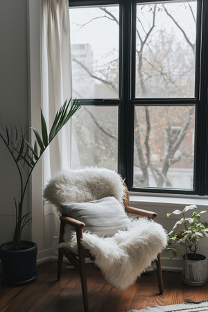 A cozy minimalist reading nook next to a window with natural light.の素材