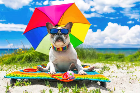 A comical moment of a funny looking dog wearing sunglasses eating ice cream under beach umbrella.の素材