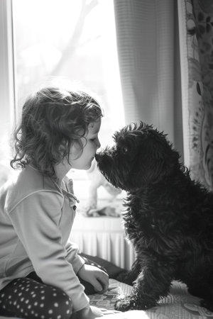 A child shows love to his dog in the nursery.の素材