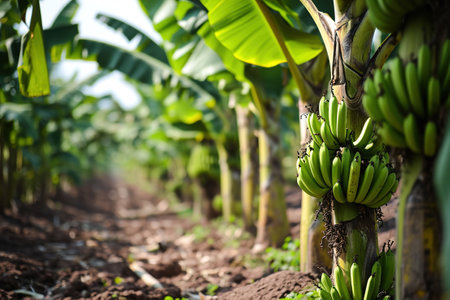 Close-up bananas on plants in plantation.の素材