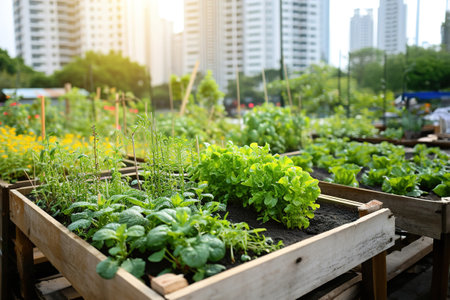 A community vegetable garden in an urban setting, big city on background.の素材