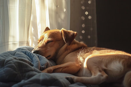 A dog enjoying a sunbeam in a cozy room.の素材