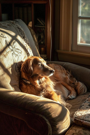A dog enjoying a sunbeam in a cozy room.の素材