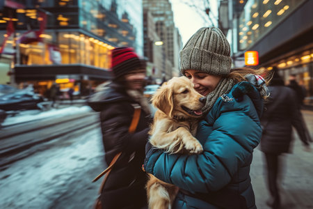 A young woman hugs a dog on the street in a big city.の素材
