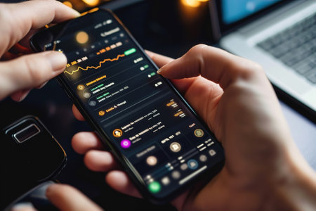A person using a cryptocurrency wallet app on a smartphone. Hands hold smartphone.の素材