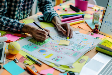 Content creator brainstorming ideas, sketching storyboards for social media campaigns, surrounded by colorful props and digital devices.の素材