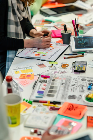 Content creator brainstorming ideas, sketching storyboards for social media campaigns, surrounded by colorful props and digital devices.の素材